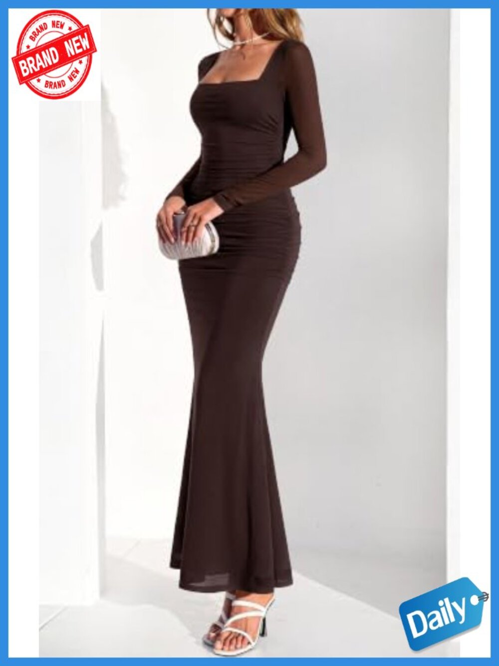 Long Sleeve Ruched Bodycon Maxi Dress Square Neck Women's Cocktail Party - Picture 3 of 6